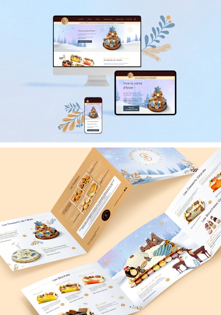 Supports de communication de Noël pour Florent Sourice : brochure festive, site e-commerce et contenus réseaux sociaux