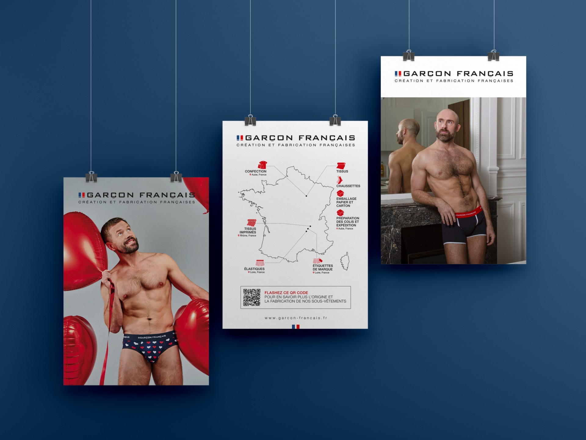 Affiches suspendues Garçon Français : visuels lifestyle, carte de fabrication française et mise en avant produit

