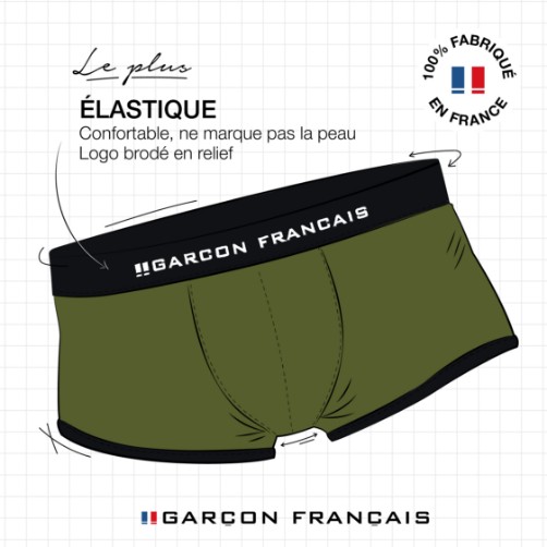 Publication illustrée d’un boxer Garçon Français vert kaki, ceinture élastique noire, logo brodé,