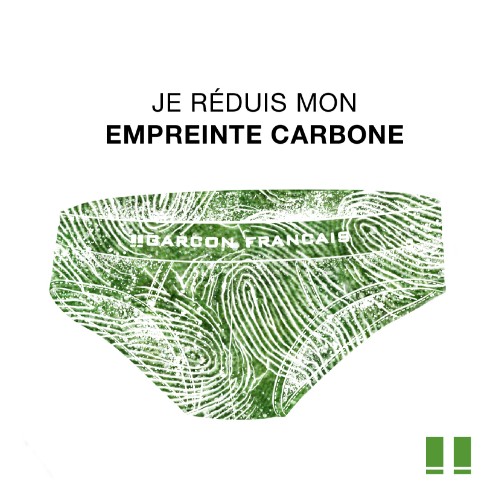 Visuel illustré d'un slip Garçon Français vert avec empreinte digitale et un message 