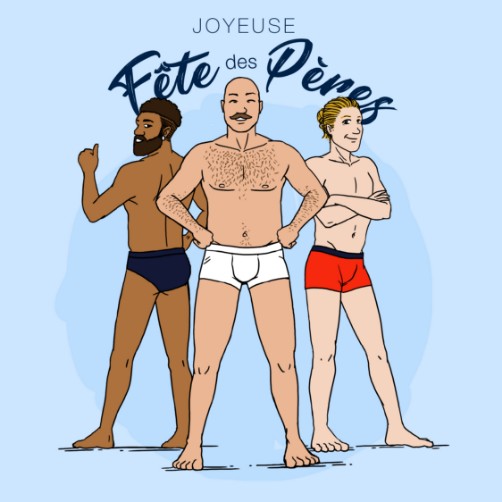 Publication illustrée pour la fête des pères avec trois hommes en sous-vêtements Garçon Français