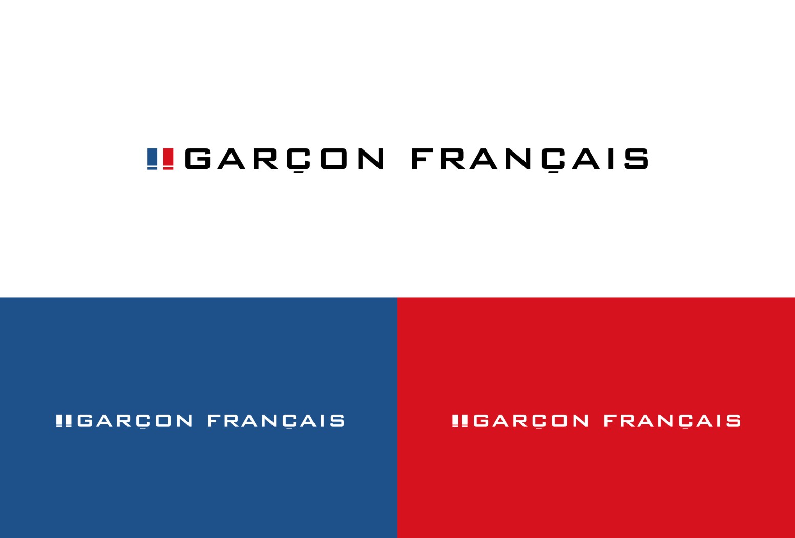 Logos Garçon Français dans plusieurs coloris, présentés sur fonds blanc, bleu et rouge