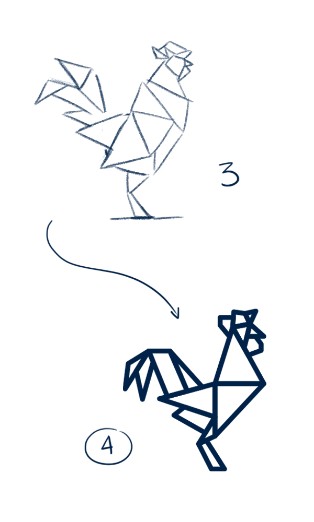 Étapes 3 et 4 de création d’un motif graphique : du croquis géométrique à l’illustration stylisée du coq