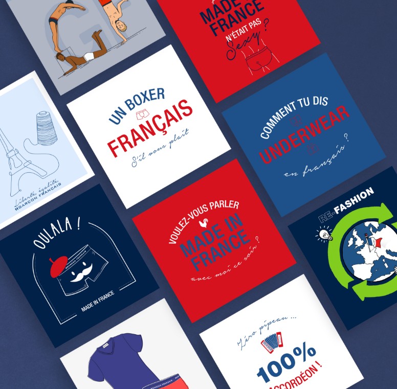 Série de visuels illustrés sur le thème du Made in France, créés pour la marque Garçon Français