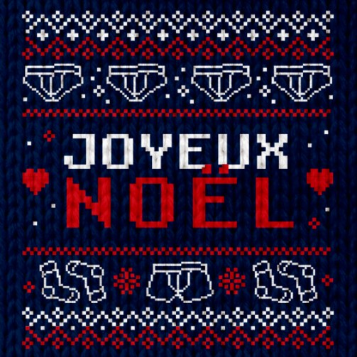 Visuel Joyeux Noël 2024 Garçon Français, style pull tricoté avec motifs de sous-vêtements masculins