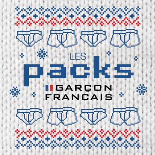 Visuel Garçon Français Les Packs, motif tricoté avec boxers bleus et motifs rouges, fond blanc hivernal