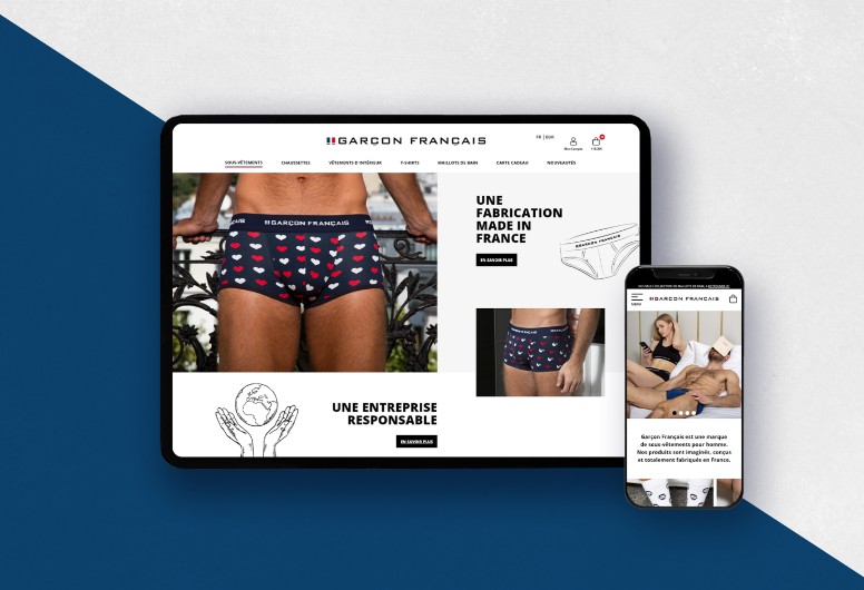 Webdesign du site Garçon Français valorisant la fabrication locale et le sous-vêtement made in France
