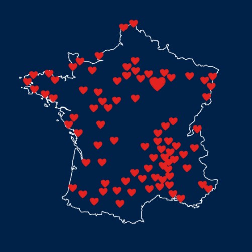 Visuel illustré d'une carte de France avec des cœurs rouges symbolisant les revendeurs Garçon Français