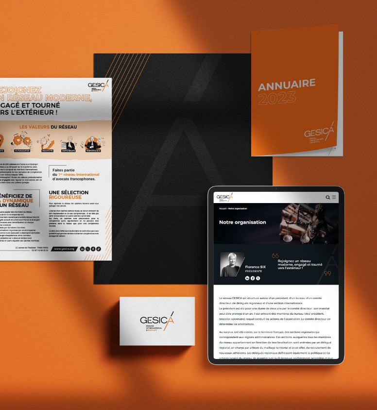 Supports de communication du réseau GESICA : plaquette, annuaire 2023, site web et carte de visite sur fond orange