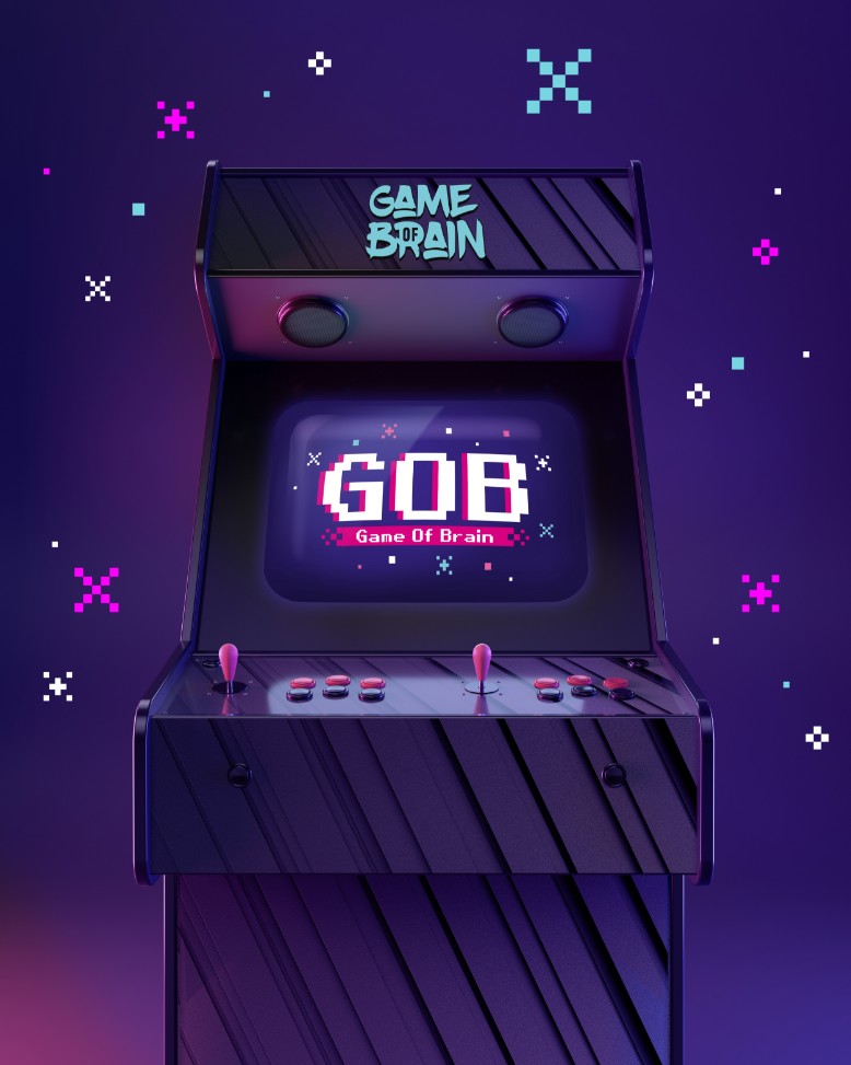 Illustration 3D de l’univers rétro-futuriste de Game of Brain, identité visuelle gamifiée et immersive.