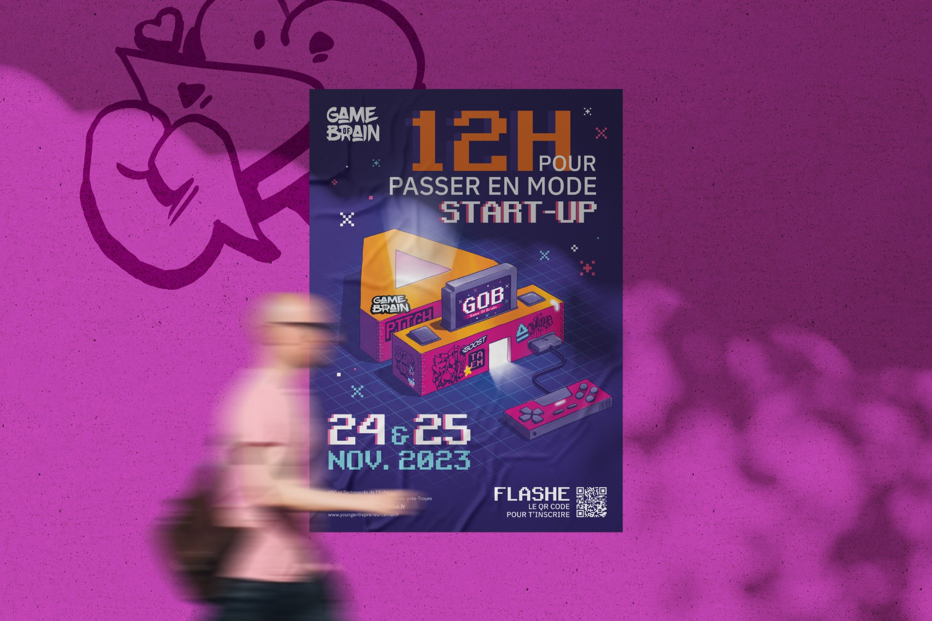 Affiche de rue Game of Brain valorisant le branding d’un événement immersif dédié aux jeunes entrepreneurs.