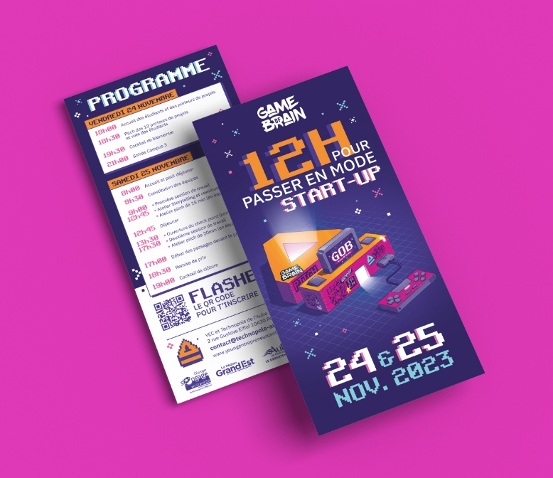 Flyer événementiel de Game of Brain conçu avec une identité visuelle immersive et gamifiée.