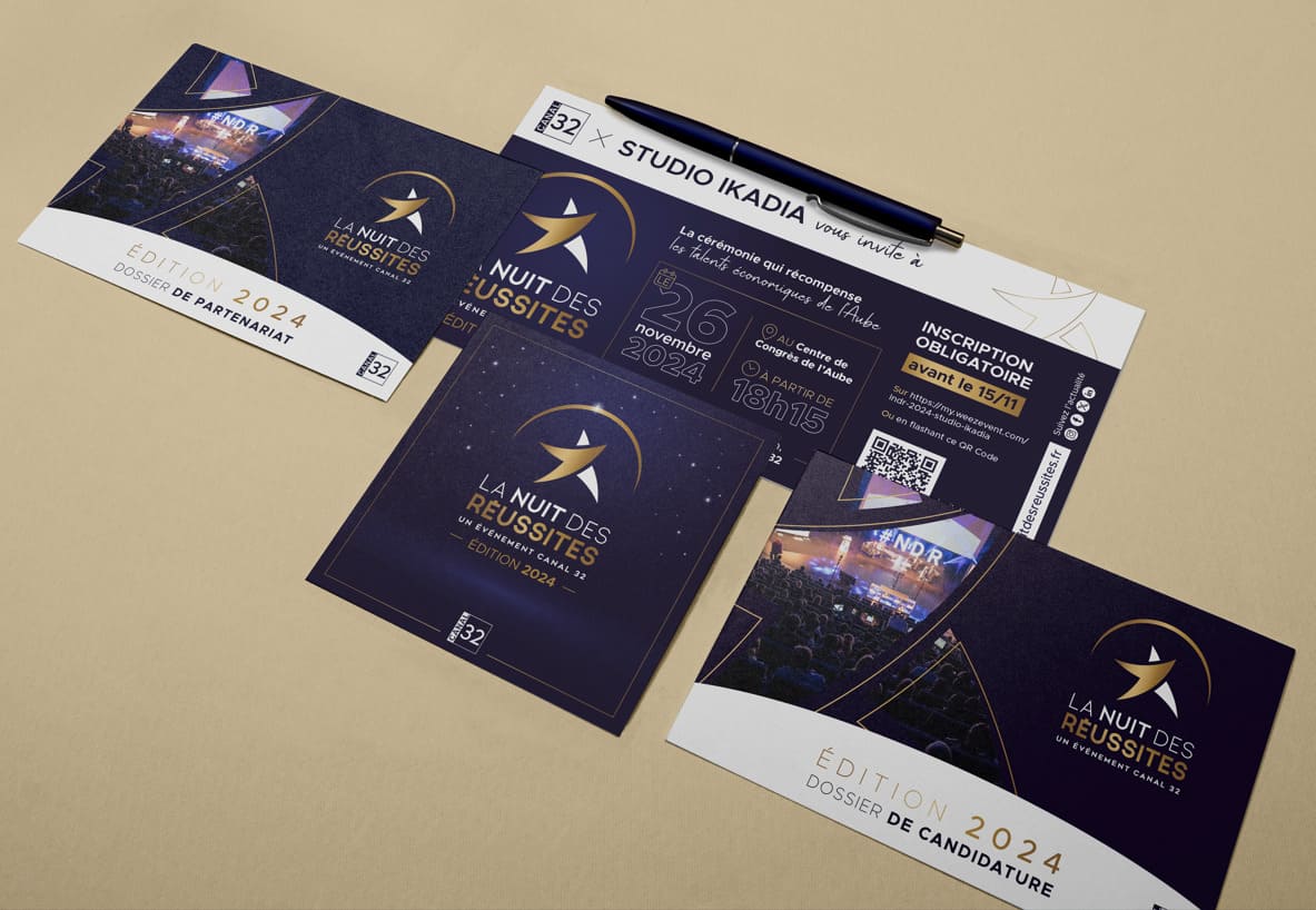 Supports de communication La nuit des réussites, des invitations au programme, le dossier de partenariat et de candidature