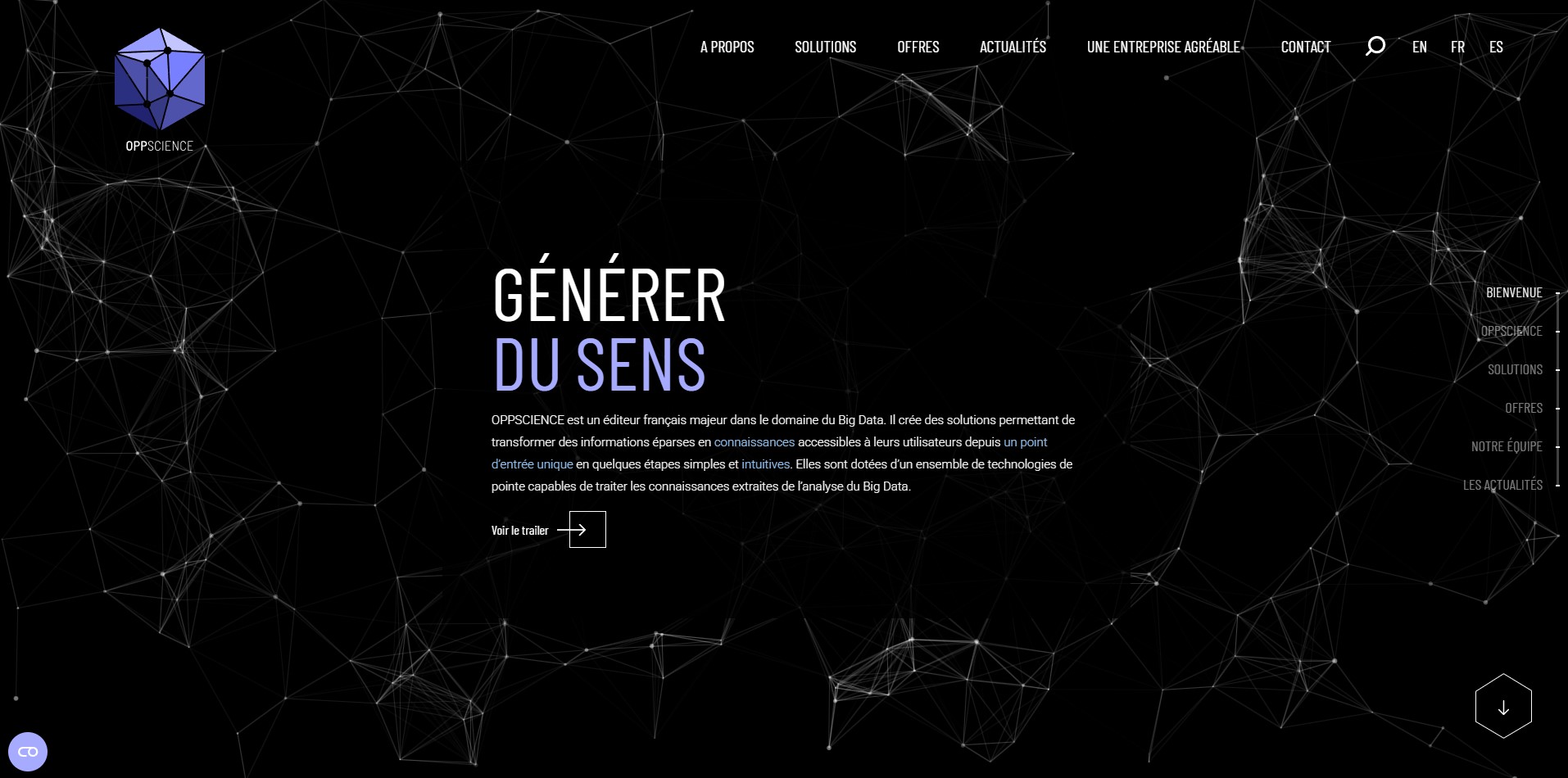 Page d’accueil immersive d’Oppscience autour de la donnée intelligente et des enjeux de cybersécurité