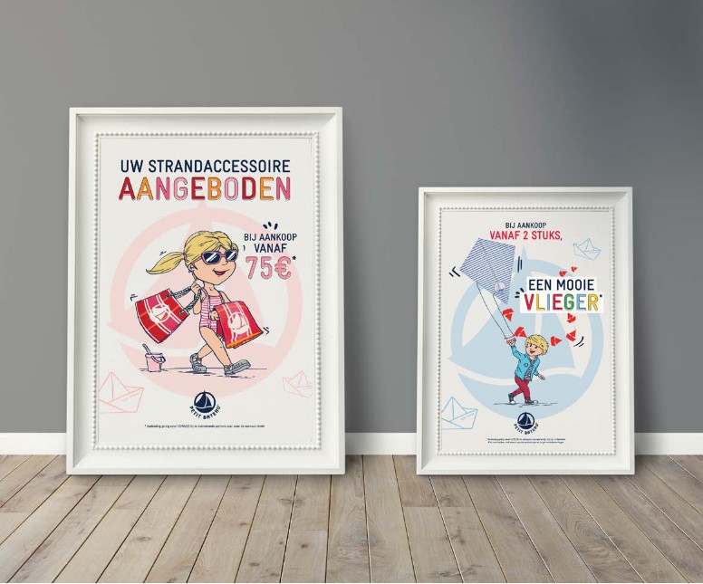Affiches PLV Petit Bateau illustrées sur-mesure pour des offres promotionnelles estivales en boutique