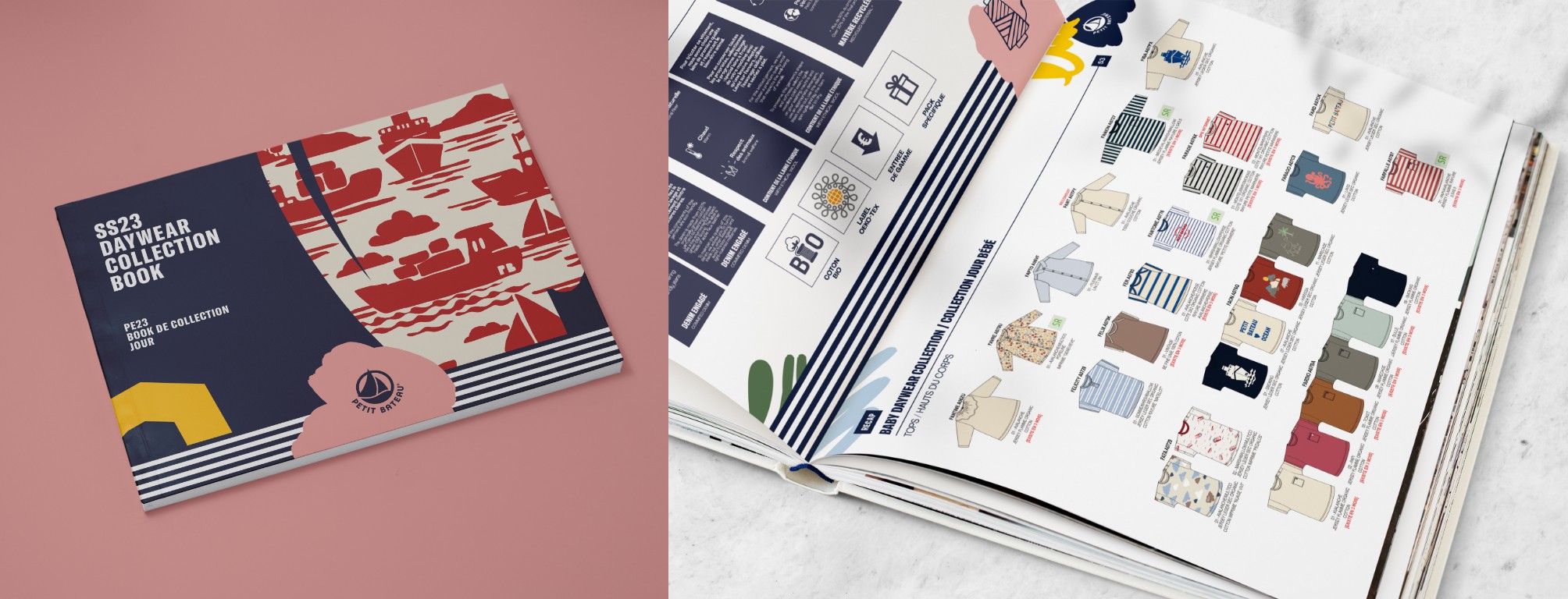 Book de collection SS23 Petit Bateau : couverture illustrée et double page présentant les modèles de la gamme bébé