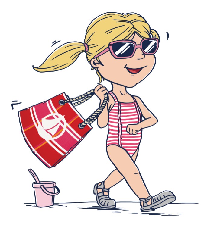 Illustration personnalisée Petit Bateau d'une petite fille en maillot de bain et son sac de plage 