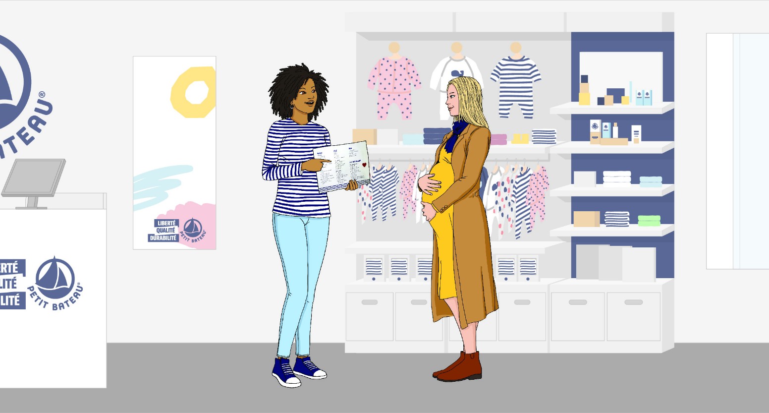 Illustrations de mise en situation boutique dédiées à la montée en compétences des équipes de vente en boutique : vendeuse et cliente enceinte