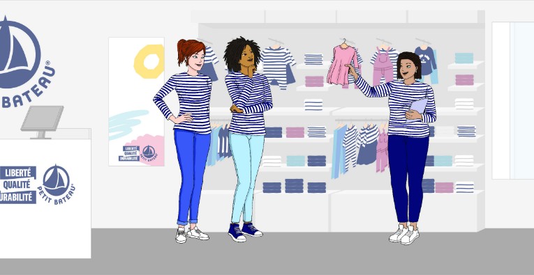Illustrations de mise en situation boutique dédiées à la montée en compétences des équipes de vente en boutique : formation interne