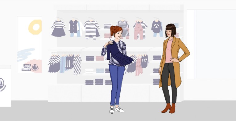 Illustrations de mise en situation boutique dédiées à la montée en compétences des équipes de vente en boutique : vendeuse et cliente