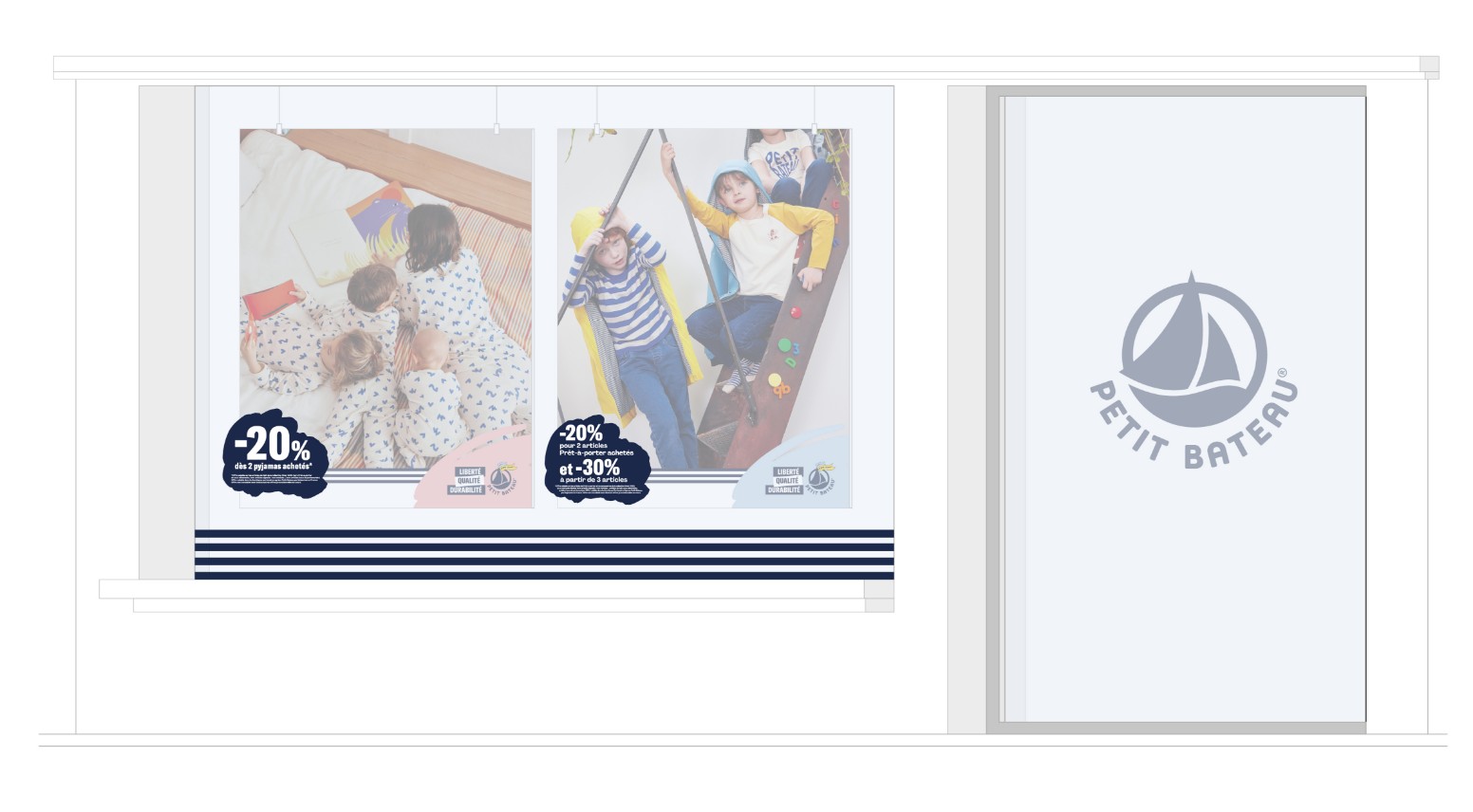 Vitrophanie Petit Bateau avec grande PLV lifestyle soldes : enfants en pyjamas et prêt-à-porter, promotions affichées