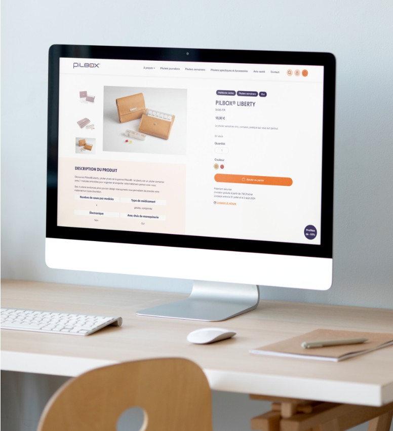 Affichage du site Pilbox sur ordinateur de bureau, fiche produit avec tunnel d’achat simplifié