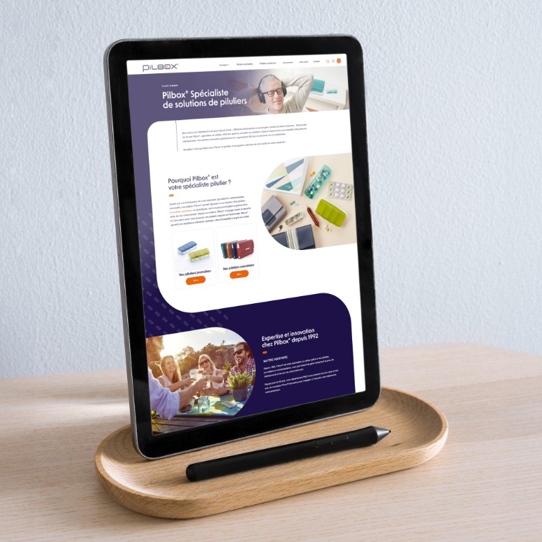 Version tablette du site Pilbox : page produit optimisée UX avec photos, boutons et modules d’achat
