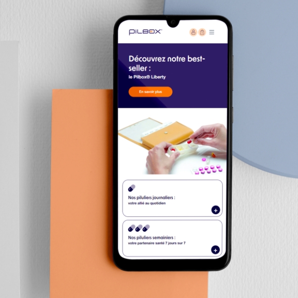 Vue mobile du site e-commerce Pilbox affichant le panier et la validation de commande