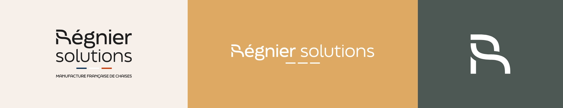 Déclinaison du logo de Régnier Solutions, identité visuelle sobre et contemporaine dans le secteur du mobilier