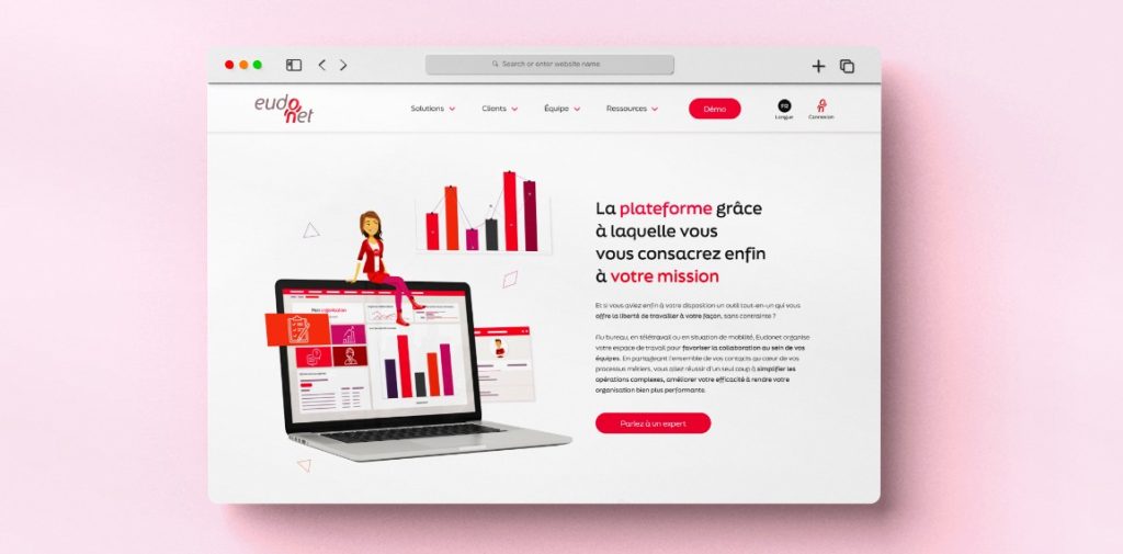 Mockup d’interface web développé pour Eudonet CRM, illustrant un webdesign sur mesure et une stratégie digitale orientée performance