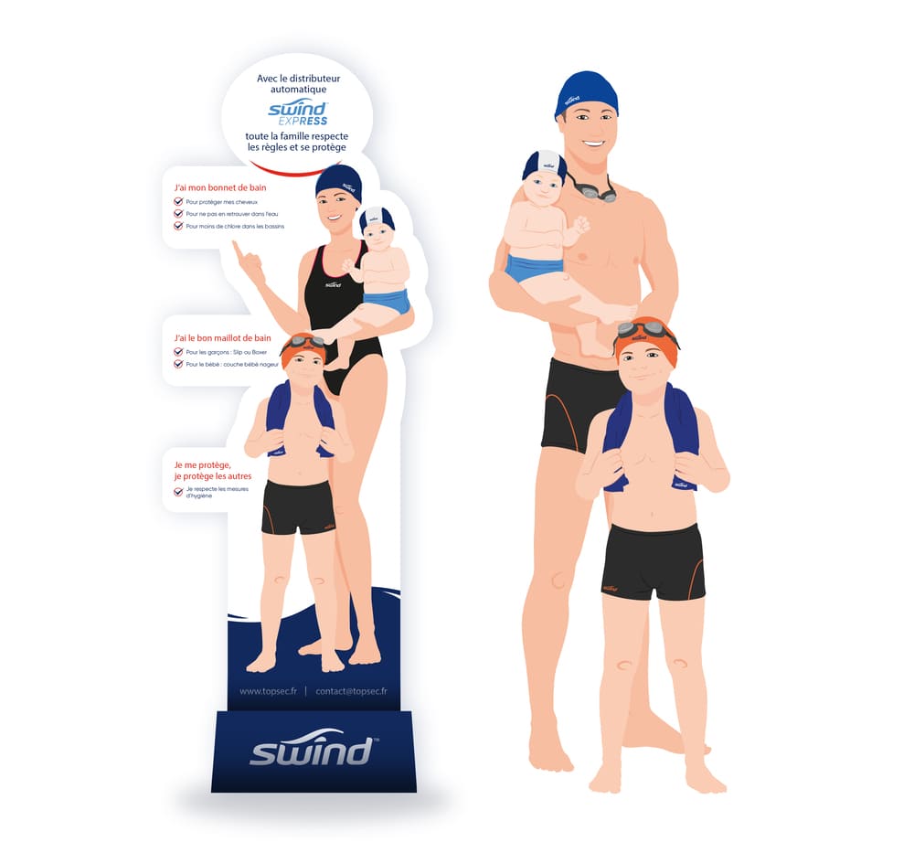 PLV grand format de la marque Swind qui met en avant les consignes à respecter dans les piscines