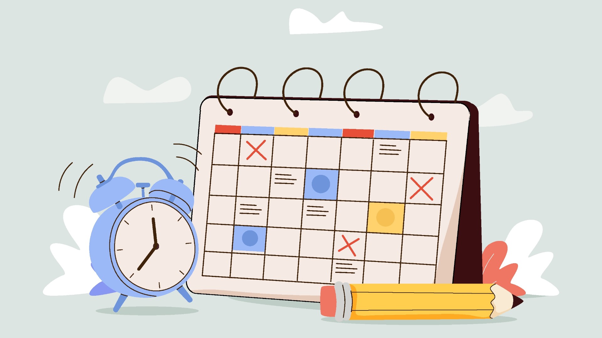 Illustration d’un calendrier, d’un réveil et d’un crayon symbolisant l’étape du plan d’action pour construire une stratégie de communication.