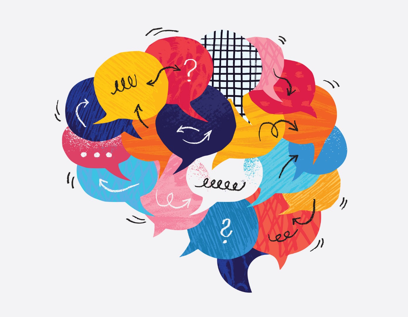 Illustration colorée représentant un cerveau formé de bulles de dialogue entremêlées, symbolisant la réflexion des objectifs SMART.