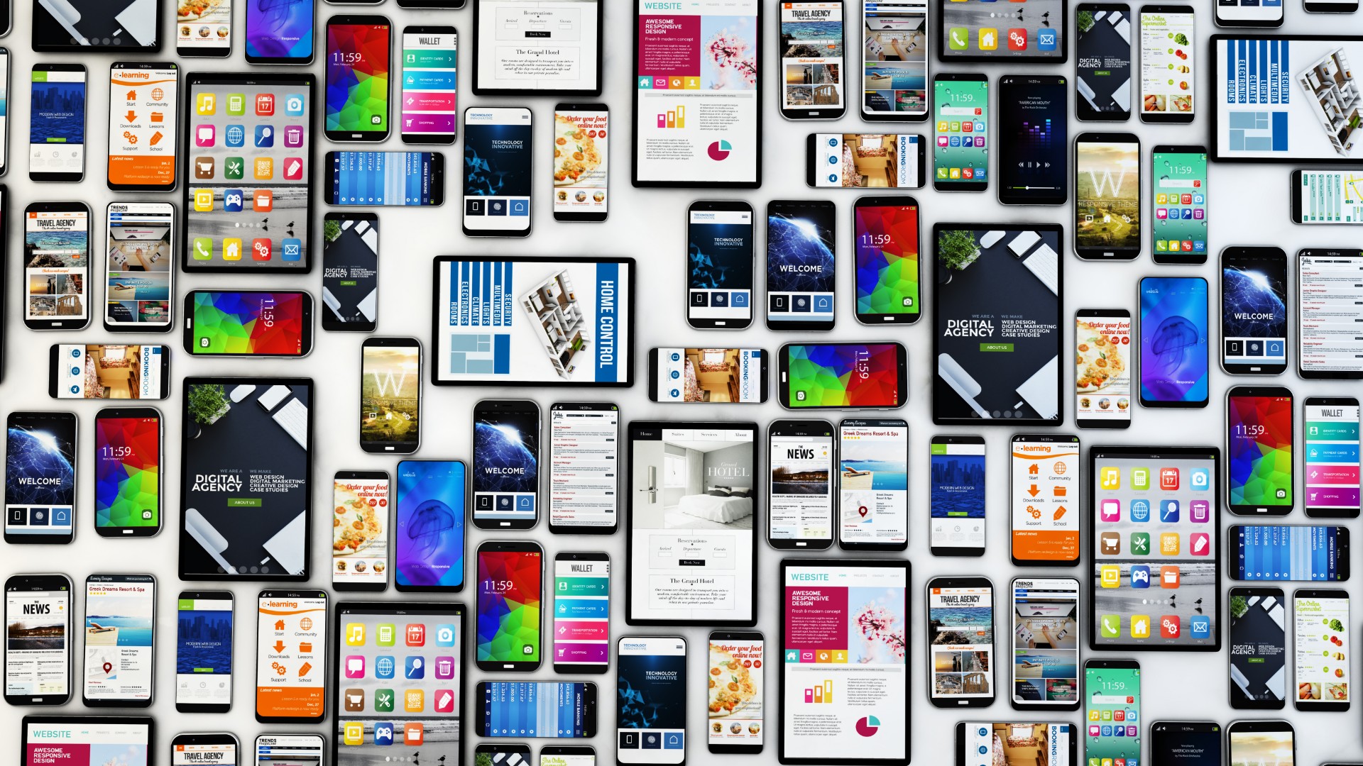 Plusieurs écrans de smartphones et tablettes affichant des sites web et applications, illustrant l'importance d’un site responsive compatible mobile.