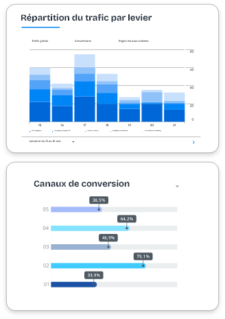 Infographies illustrant la répartition du trafic par levier ainsi que les canaux de conversion pour une stratégie webmarketing optimale