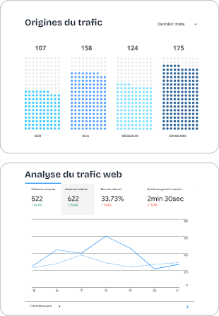 Infographie présentant les KPIs de l'origine de trafic et de l'analyse du trafic web provenant de la stratégie webmarketing mise en place.